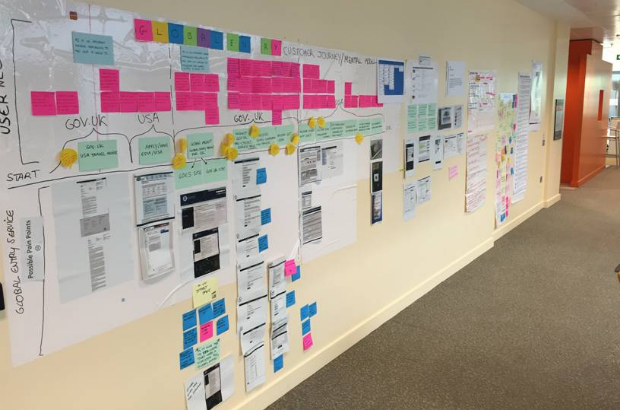 Picture of the product planning wall for the Global Entry team. It features postit notes, whiteboards, coloured cards detailing user journeys and printouts of page designs.