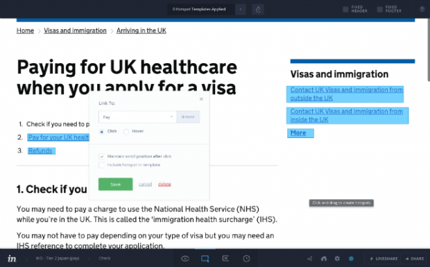 Demonstration of the Invision tool being used to edit a GOV.UK page