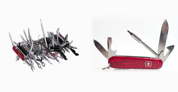 An image of 2 Swiss Army Knives. The first is complicated with many tools, the second is much simpler with just a few