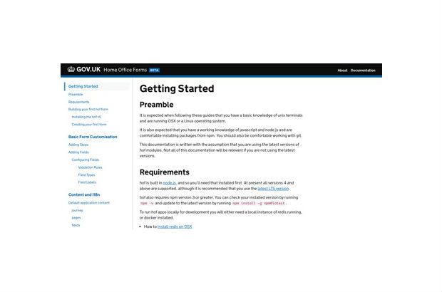 A screenshot of the 'Getting started' page on the Home Office Forms guide