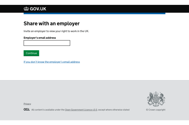 A screenshot of the Prove your right to work to an employer service
