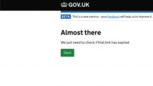 Image of a screenshot of a government web page showing a message stating 'Almost there' with a green 'Start' button.