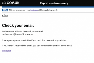 Image of a screenshot of a government web page showing a message stating 'Check your email'.