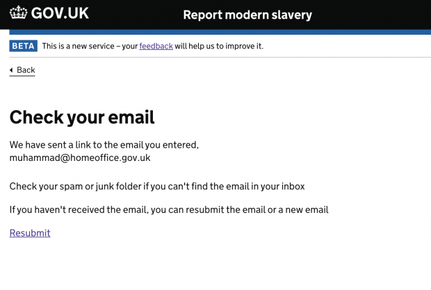 Image of a screenshot of a government web page showing a message stating ‘Check your email’.