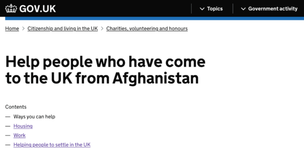 An image of a screenshot of the final guidance on GOV.UK - available at gov.uk/helpafghanistan